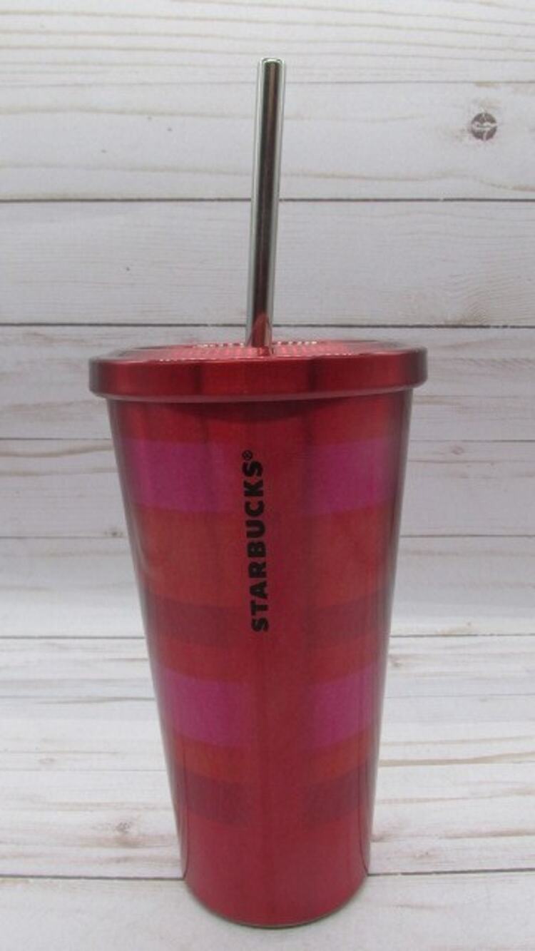 NEW STARBUCKS Red TUMBLER Striped Stainless Steel 16 oz Coffee Cup Lid Ice Cold